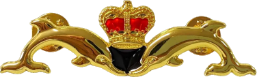 The Royal Australian Navy submariner's badge — two gold dolphins
              facing a crown.